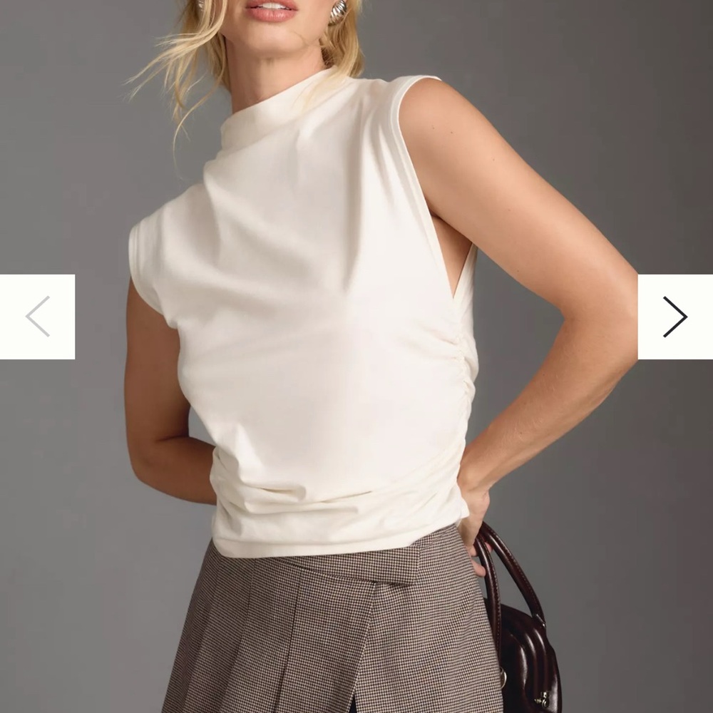 Anthropologie Cream Sleeveless Muscle Tee with Mandarin Collar